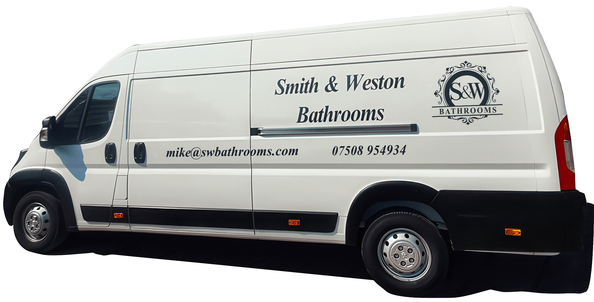 Smith & Weston Bathrooms van with company branding and contact details in Nailsea, Bristol.
