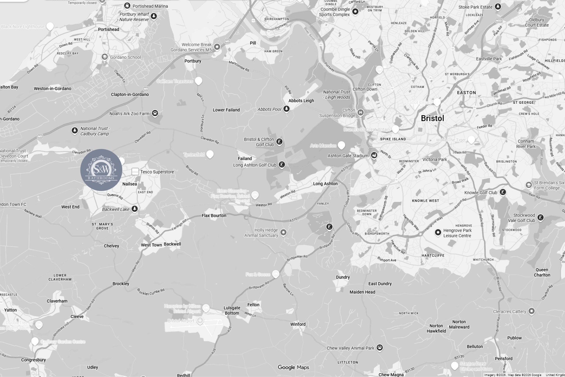 Nailsea, Bristol, and surrounding areas service map for bathroom fitting and renovation by Smith & Weston Bathrooms.